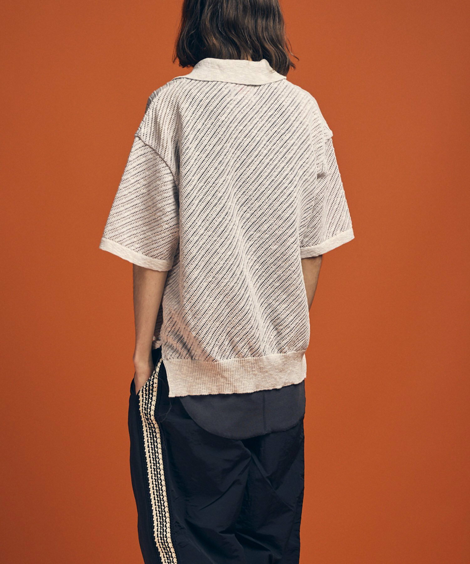 Slub Yarn Bias Mesh Prime-Over Short Sleeve Skipper Knit Polo Shirt